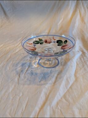2/30$ Vintage Pink Floral Glass Compote with Blue Rim